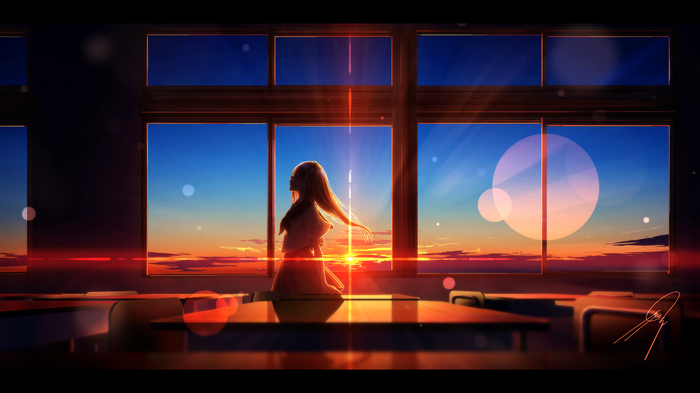 Schoolgirl in classroom at sunset