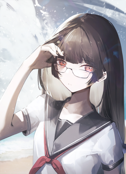Schoolgirl with glasses and red eyes on the beach