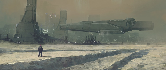 4K Futuristic Cityscape with Spaceship and Person