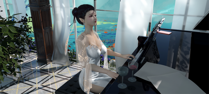Fantasy girl playing piano with wine glasses