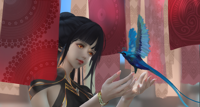 A woman with a blue bird on her hands