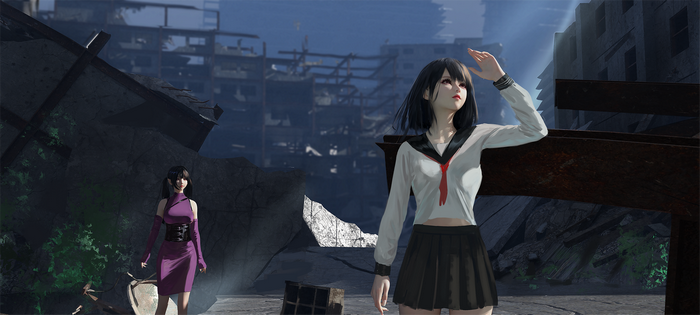 Two anime girls in a ruined city