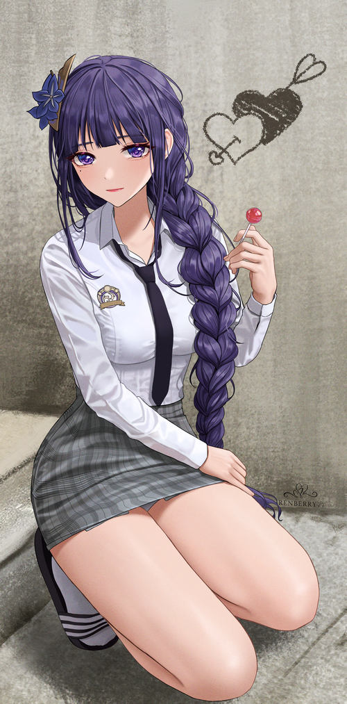 Raiden Shogun with lollipop and school uniform