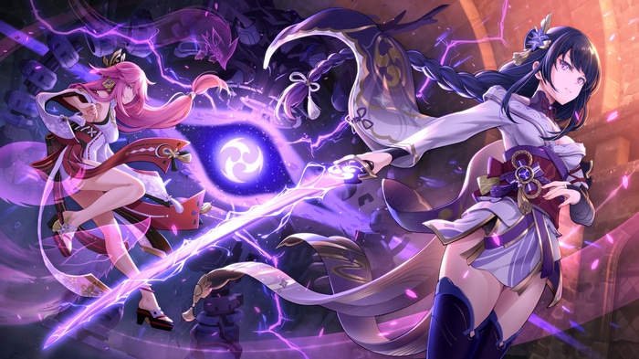 Yae Miko and Raiden Shogun clash with swords