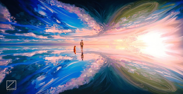 4K man and dog by a reflective ocean