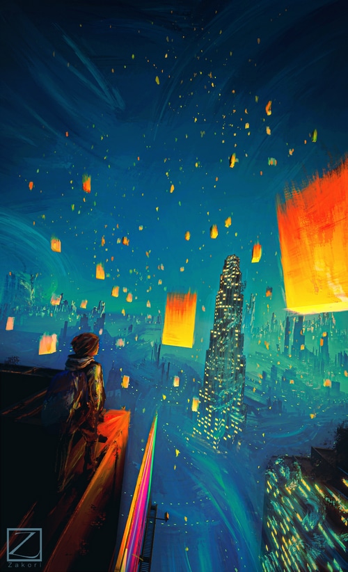 Person watching lanterns over a futuristic city