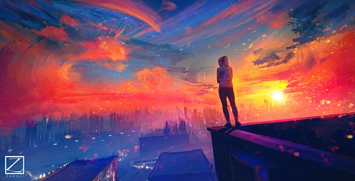 4K Cityscape at Sunset with a Person on a Rooftop