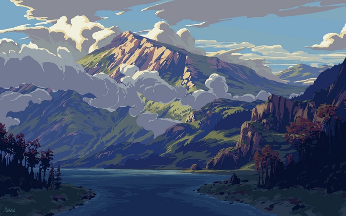 4K mountains and lake with clouds