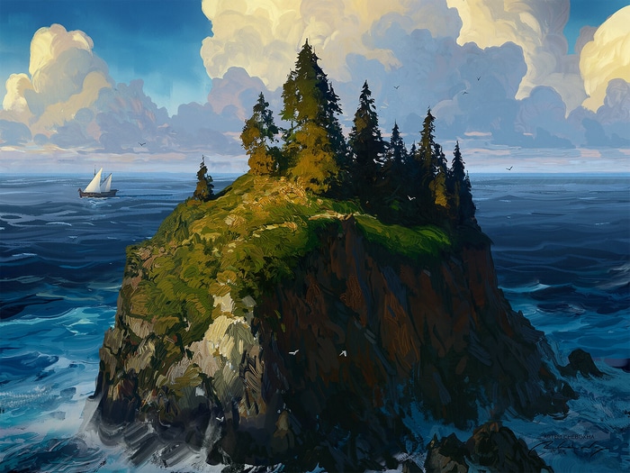 Sailboat near a rocky island with trees