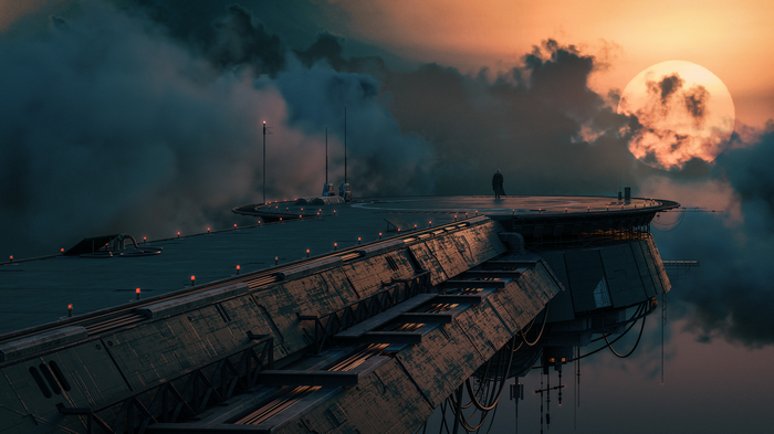 Science fiction platform with a lone figure and a large moon