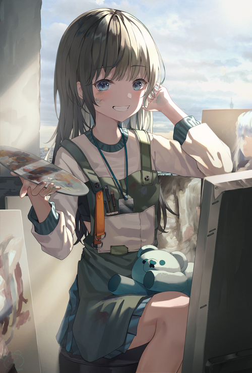 Girl painting with a teddy bear