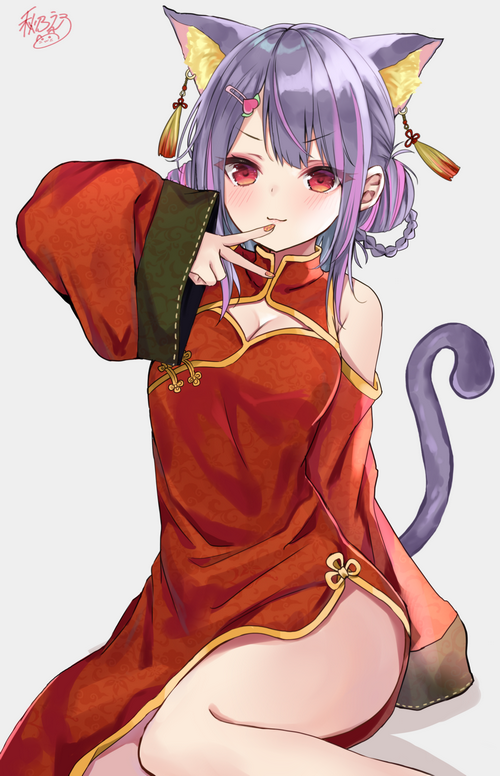 Cat girl in a red Chinese dress with cat ears and tail