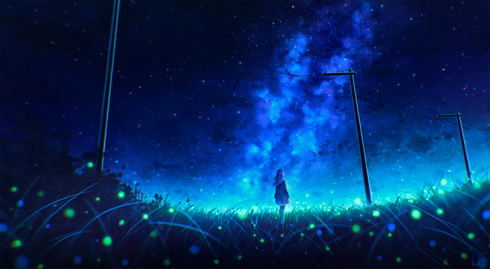 Girl in a field of fireflies under a starry night sky