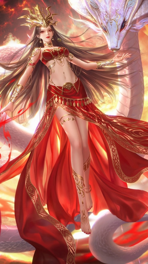 Woman in red dress with a white dragon