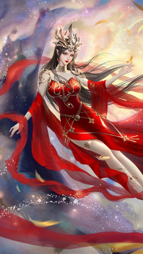 Asian woman in red dress with crown and feathers