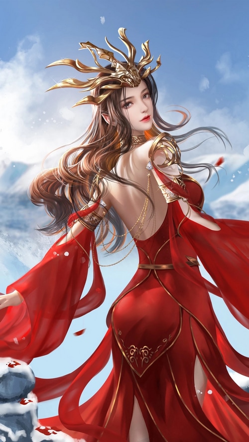Asian woman in red dress with golden crown