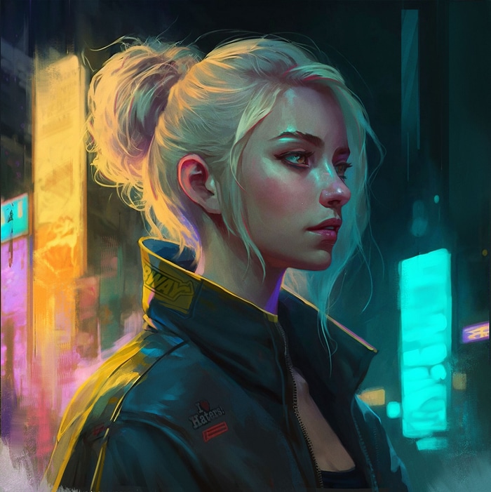 Woman with blonde hair in a jacket with city lights