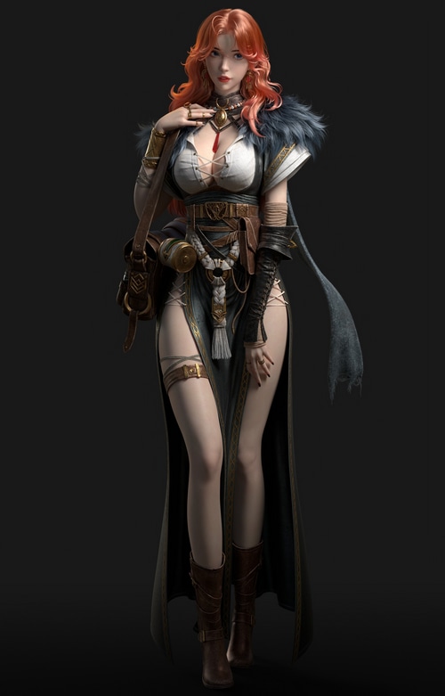 Ye Chaofan with red wavy hair and fur collar