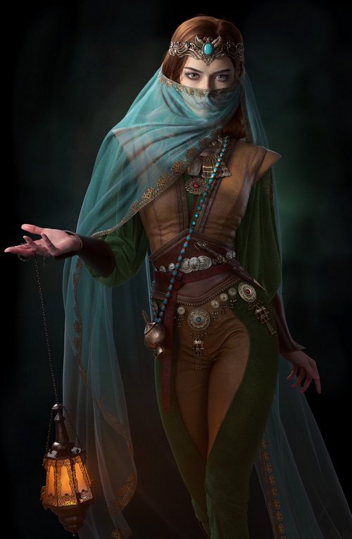Fantasy woman in veil holding a lantern