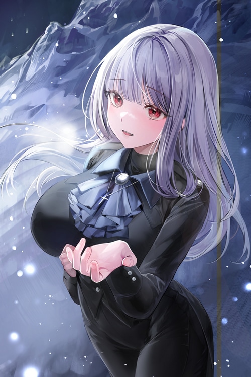 Girl with red eyes and necklace in snow