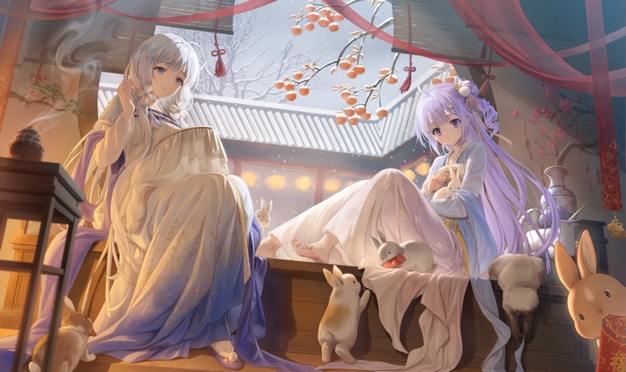 Anime girls with rabbits in a snowy courtyard