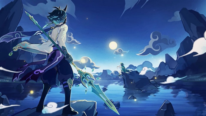 Xiao and Venti in Genshin Impact by moonlight