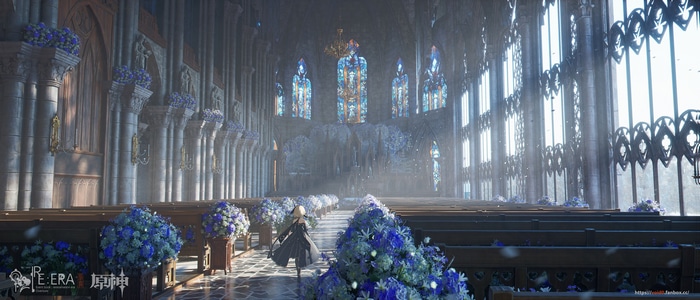 Lumine in a cathedral with blue flowers and stained glass