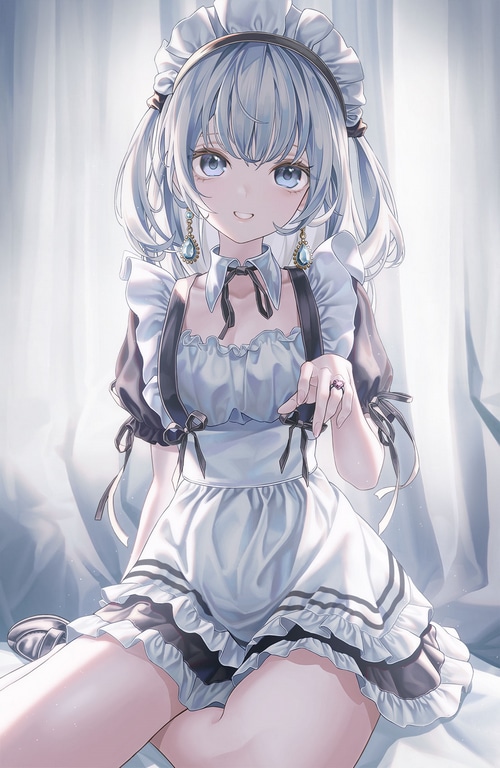 Maid with blue hair and blue eyes