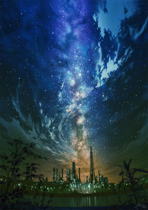 Industrial city under a starry night sky