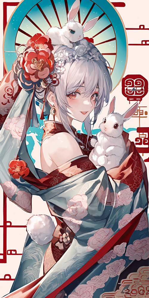 Anime girl with rabbits and flowers in kimono
