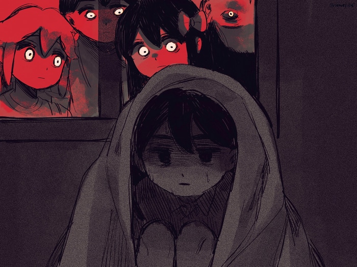 Omori characters with glowing red eyes