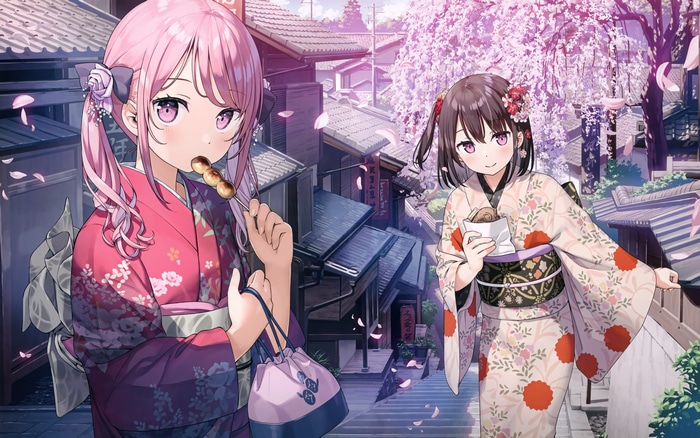 Anime girls in kimonos eating dango and taiyaki