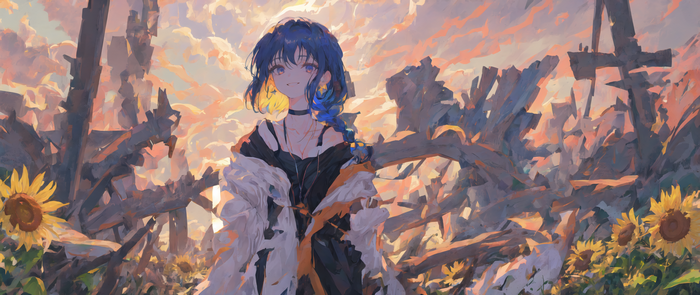 Girl with blue hair and sunflowers at sunset