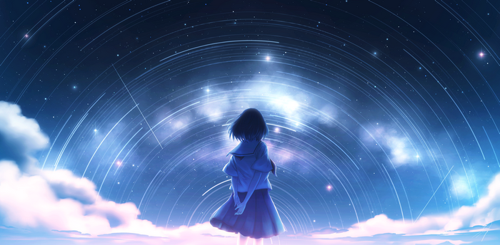 Girl in school uniform under star trails and clouds