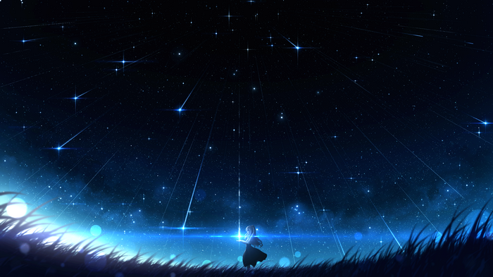 Girl under a starry night sky with shooting stars