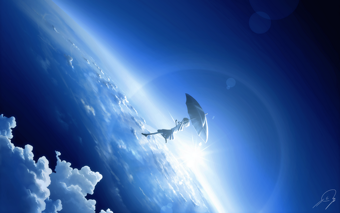 Girl with umbrella flying in the sky
