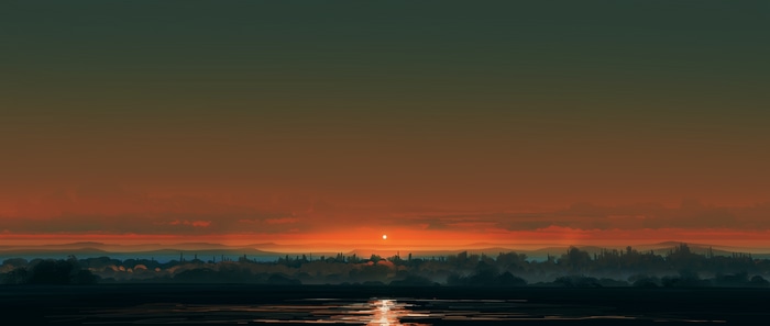 4K Sunset over a lake and forest landscape