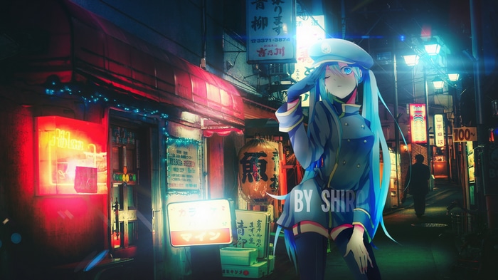 Hatsune Miku Append in a Japanese street at night