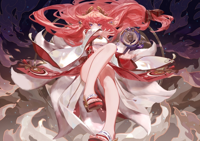 Yae Miko from Genshin Impact with pink hair and kimono