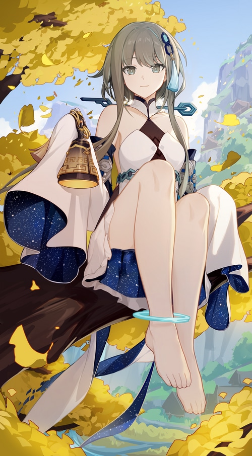 Guizhong from Genshin Impact sitting on a tree branch