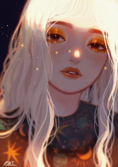 Fantasy art of a blonde woman with stars
