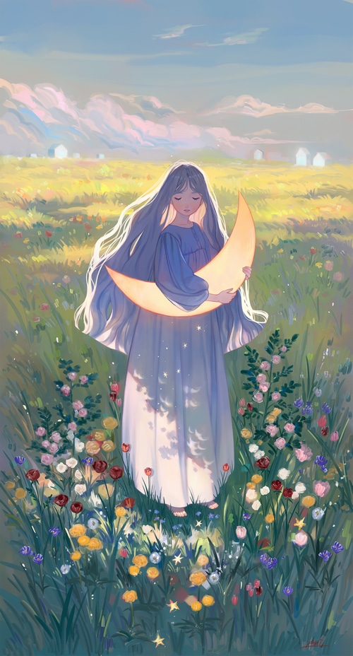 Girl holding a crescent moon in a flower field
