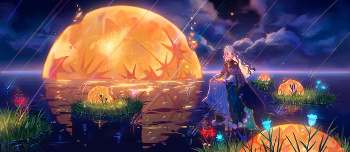 Fantasy girl by the water with a large moon