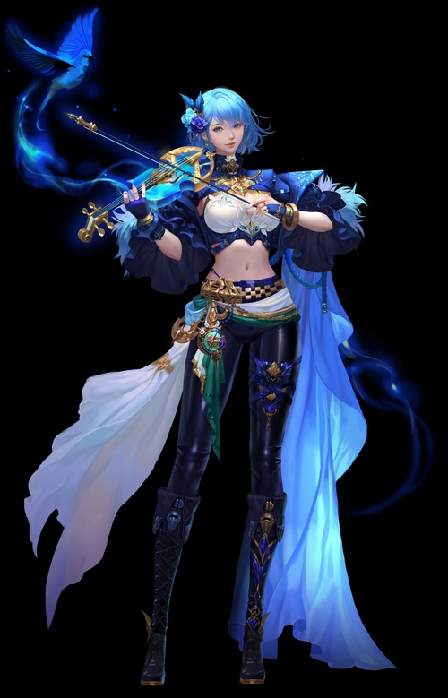 Woman with blue hair playing a violin with a blue bird