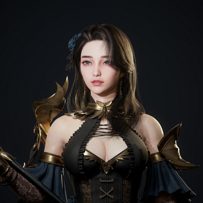 Asian woman with blue eyes and black dress