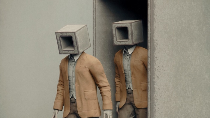 Two figures with concrete box heads in suits
