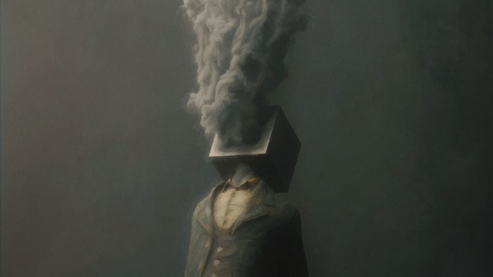 Man with a box for a head and smoke coming out