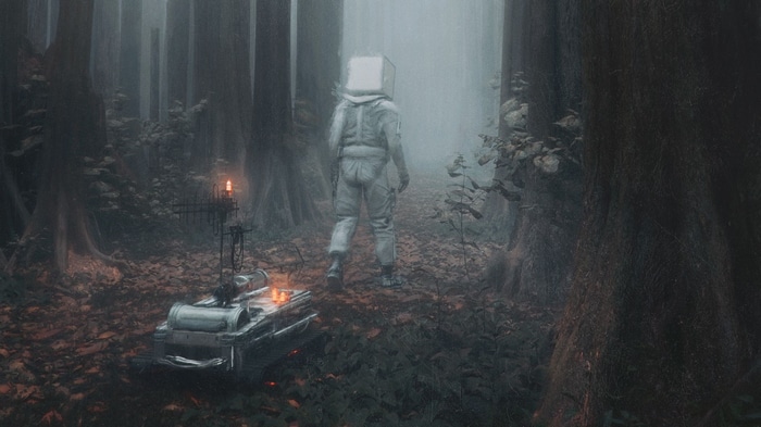 Astronaut with cube head in a foggy forest with a robot