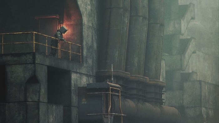 Figure with a cube head in a dystopian industrial setting