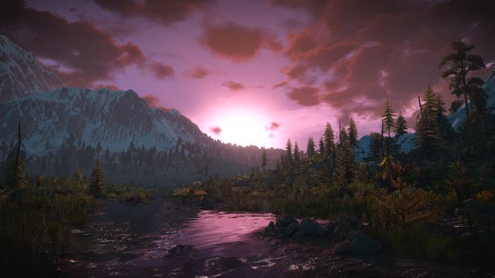 The Witcher 3: Wild Hunt landscape with mountains and sunset